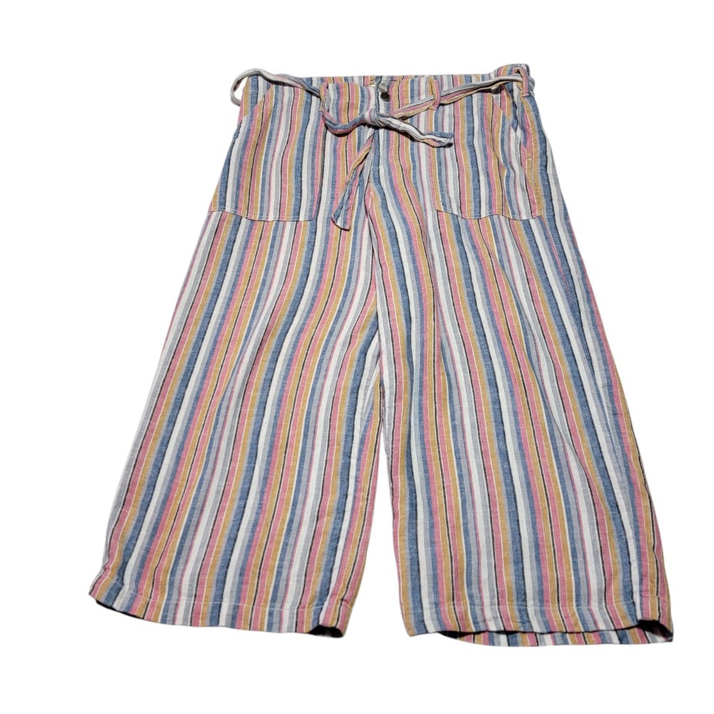 Seven7 Women Size 12‎ Linen Blend Blue Striped Wide Leg Cropped Pants Belted